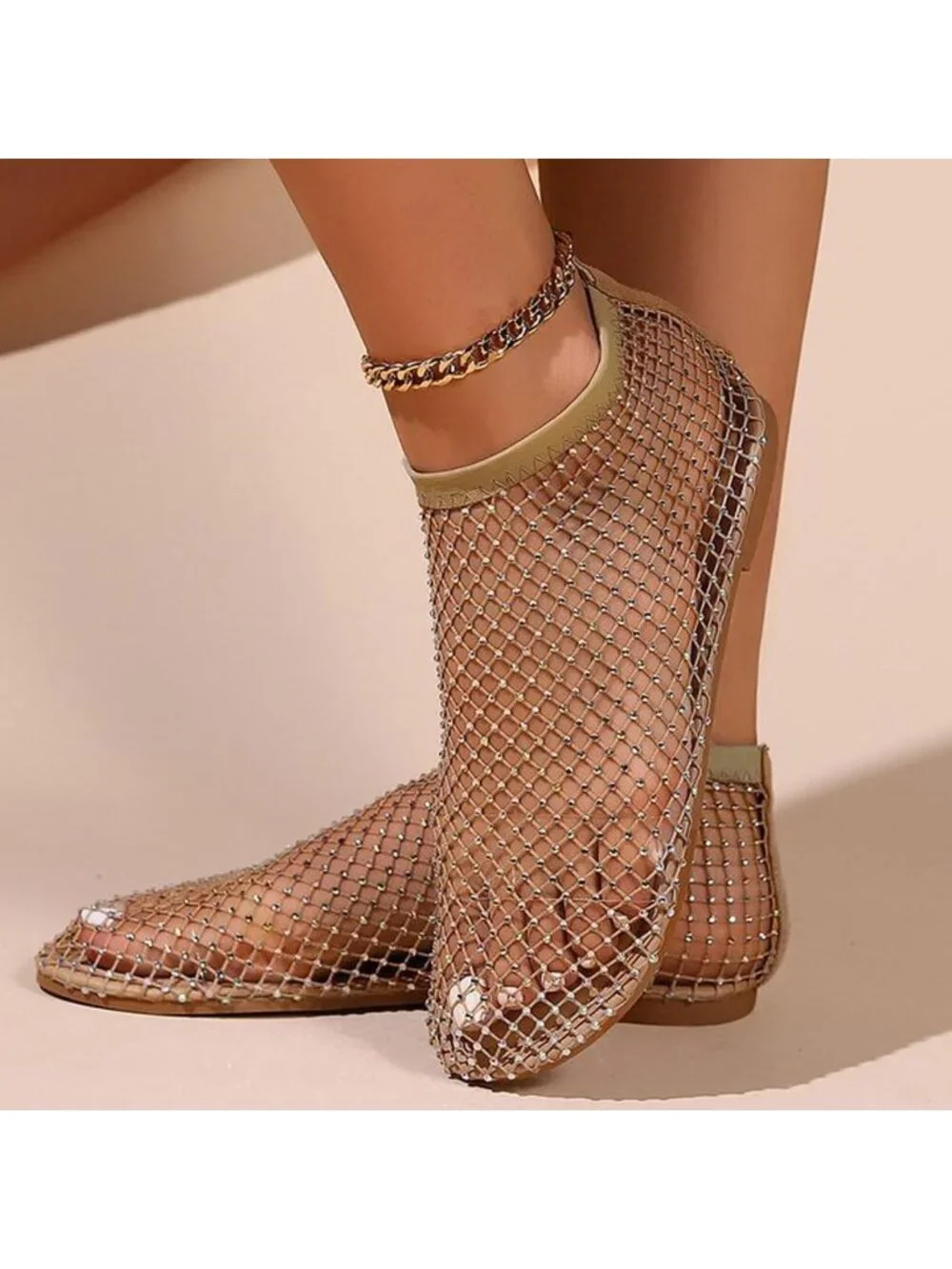 Women's Gold Mesh Comfortable Fishnet Low Heel Slip on Rhinestone Flats Shoes